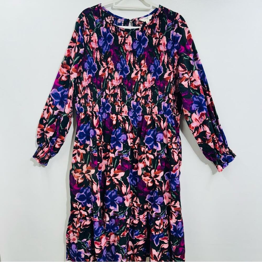 Terra & Sky Dress Purple Pink‎ Floral Cotton Tiered Peasant Midi Smocked Sz 2X